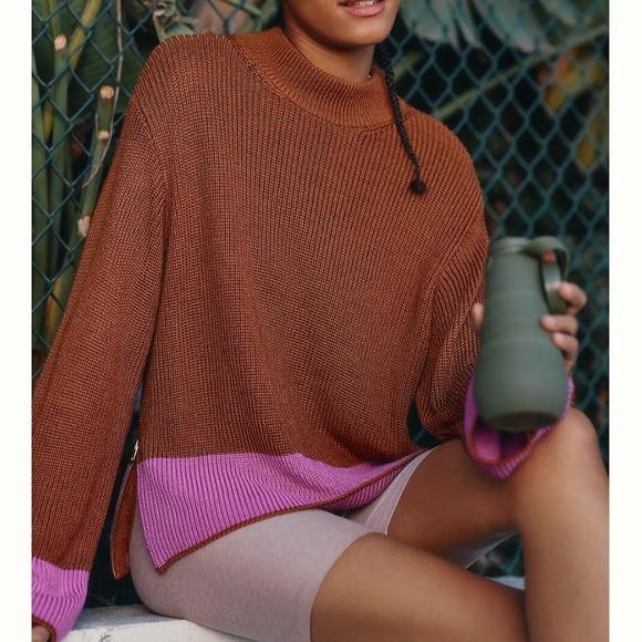 Varley Panama Knit Pullover Sweater Colorblock w/Side Zippers Size S Brown Pink - Picture 1 of 11